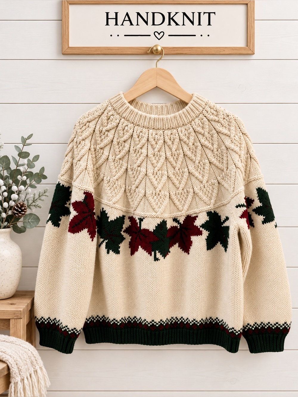HANDMADE Cream Leaf Pattern Knit Sweater L/XL
